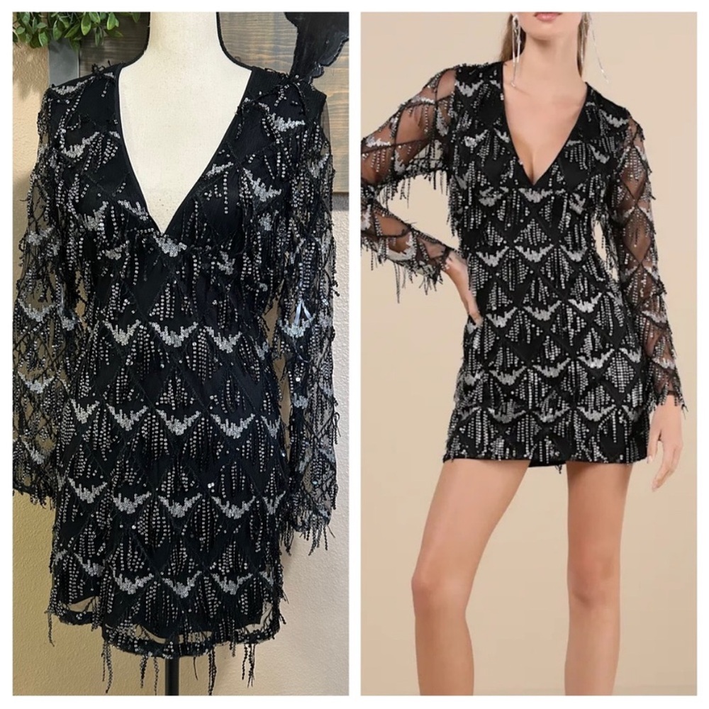 Playful Composure Black Fringe Sequin Mini Dress